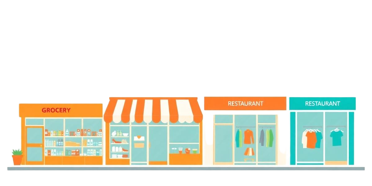 Partner storefronts including grocery, restaurant, and clothing stores
